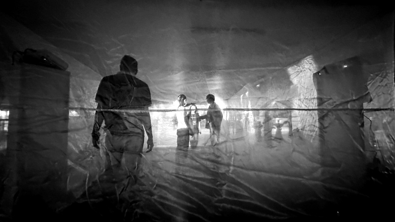 black and white image of Pelikulambo viewable from the outside